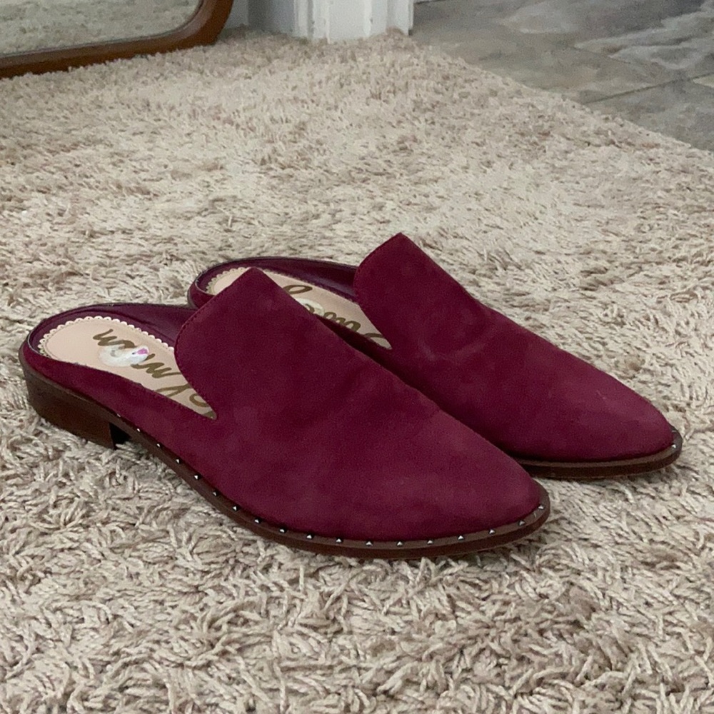Sam Edelman maroon suede mules. Real wooden heels
